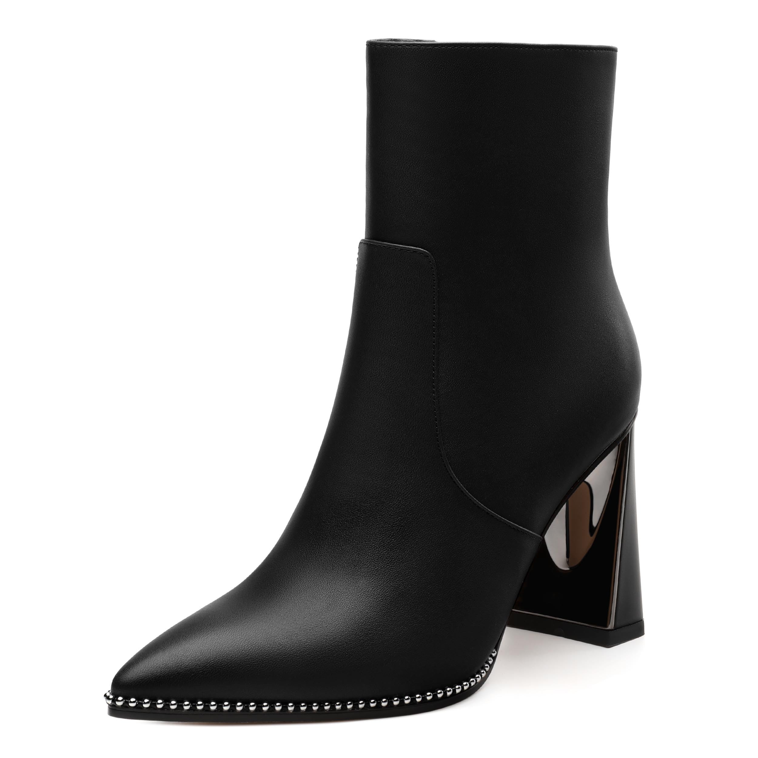 HeySoleModa Womens Ankle Booties, Pointed Toe High Chunky Heel Ankle Boots for Women, Silver Beaded Short Boots with Side Zipper 3.5"