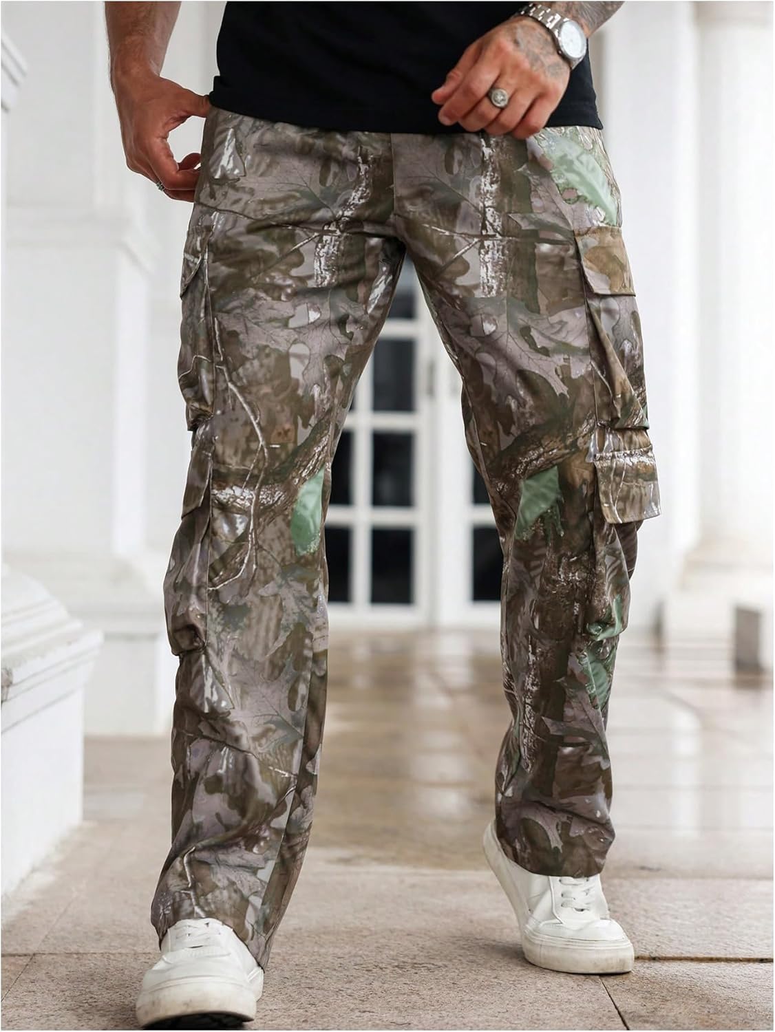 Verdusa Men's Camo Cargo Pants Straight Leg Drawstring Waist Long Trousers with Multi Pockets - Image 3