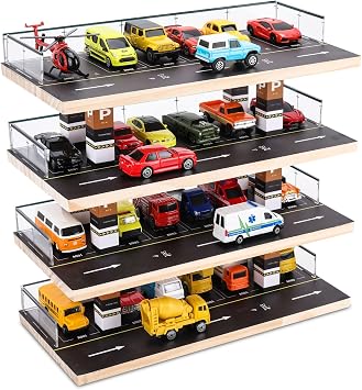 Saichotoy Display Case for Hot Wheels, 4-Level 1/64 Wooden Garage Storage | 4-Level Toy Car Storage Garage for Hot Wheels & Matchbox, 1/64 Display with 24 Spots Holds Up to 40 Cars, Cars Not Included