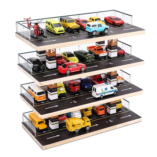 Saichotoy Display Case for Hot Wheels, 4-Level 1/64 Wooden Garage Storage | 4-Level Toy Car Storage Garage for Hot Wheels & Matchbox, 1/64 Display with 24 Spots Holds Up to 40 Cars, Cars Not Included
