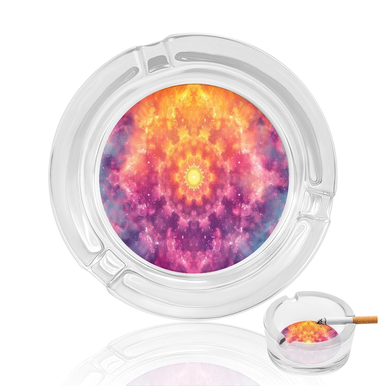 Colorful Mandala Patter286 Glass Ashtray 3.3 Inch Round Cigarette Ash Holder with 4 Grooves for Home Office Outdoor One Size