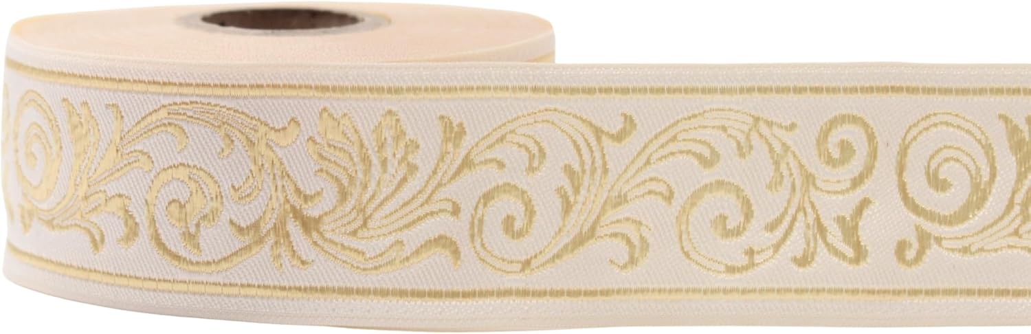 Jacquard Trim Ribbon – 1.37 Inch Wide Beige Gold Roman Empire Acanthus Leaf Pattern, Decorative Woven Upholstery Trim for Sewing, Curtains, Costumes, Crafts & Home Decor CNK38