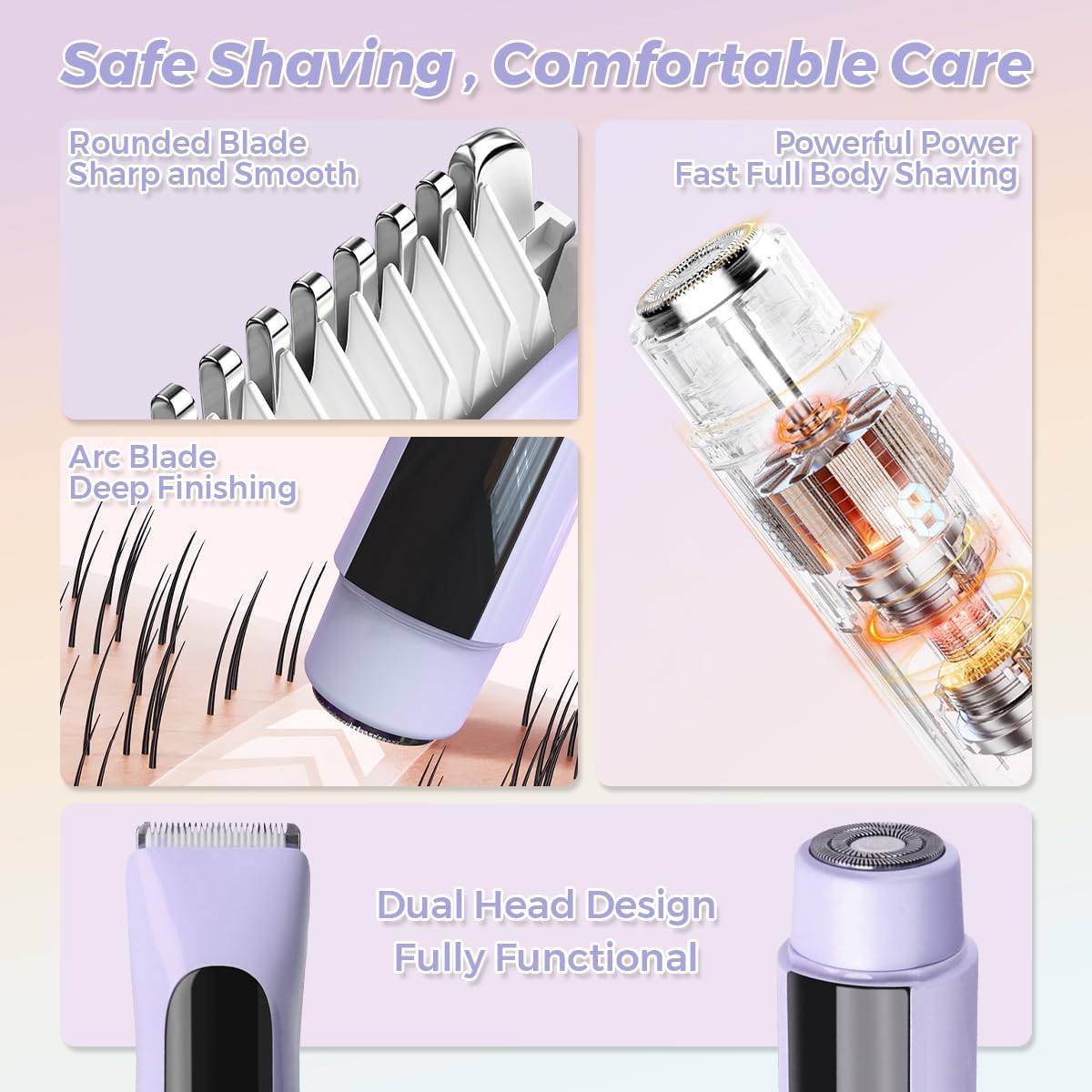 Electric Shaver for Women, 2 in 1 Bikini Trimmer Waterproof Rechargeable Facial Hair Remover with Ceramic Blades Dual Head, Pubic Hair Trimmer Body Grooming Travel Design for Shower Use