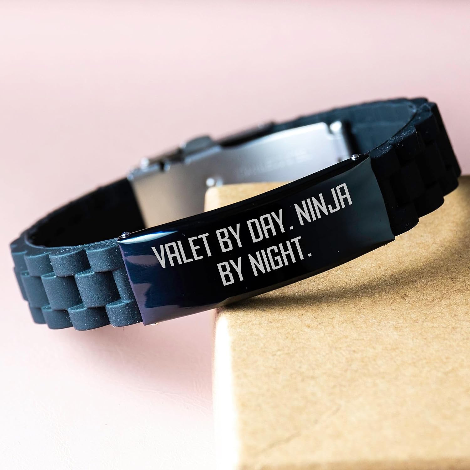 Valet By Day Ninja By Night Glide lock Clasp Christmas Unique Gift for Valet, Adjustable Valet Gift from Men to Valet, Black Stainless Steel and Silicone