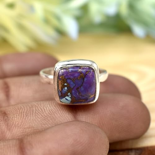 Miniatura 3 de SILVESTO INDIA Purple Copper Turquoise Ring 925 Sterling Silver Ring Cushion Gemstone Ring Dainty Ring Handmade Silver Jewelry Birthday Gift for Her