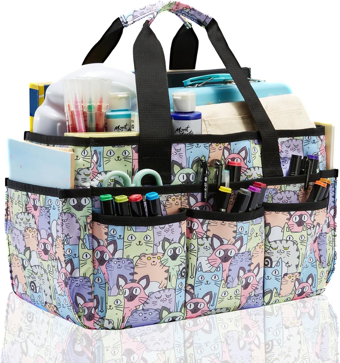 Craft Organizer Tote Bag, Art Organizer, Craft Caddy with Multiple Pockets, Storage Bag for Sewing Tools, Art Supplies, Home and Office (Cat Print)