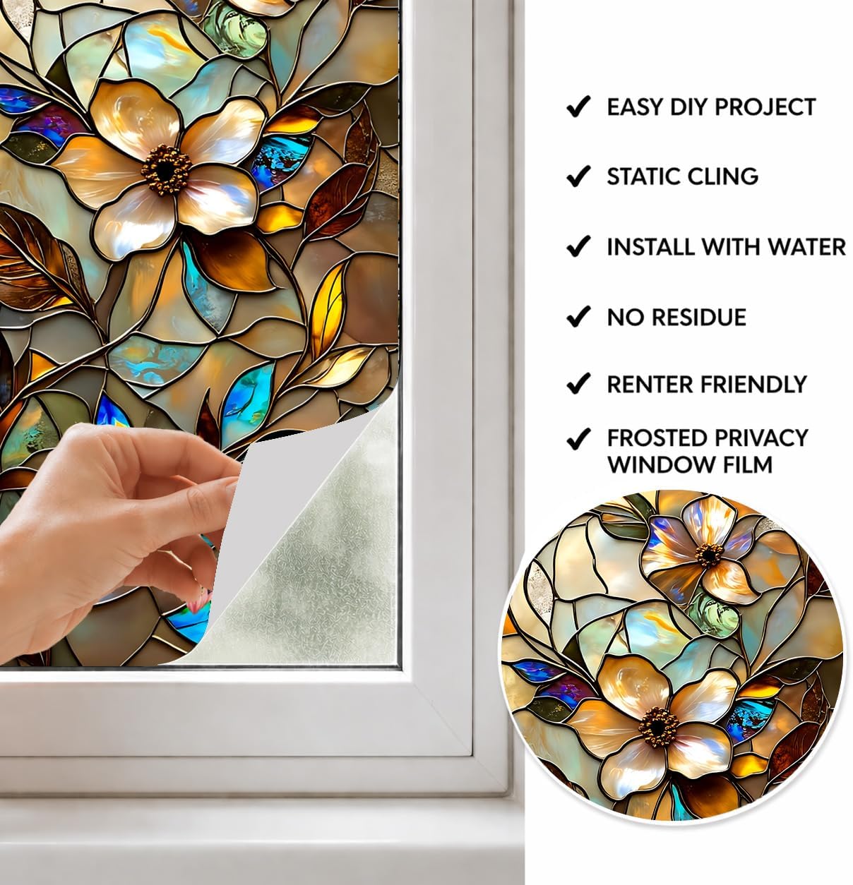 Removable Reusable Window Privacy Film 17.5 x 39.4 Inches, Static Cling No Glue No Residue, Amber Floral Mosaic Stained Glass Design, Daytime Privacy, Easy Trim and Apply, Fits Curved Glass