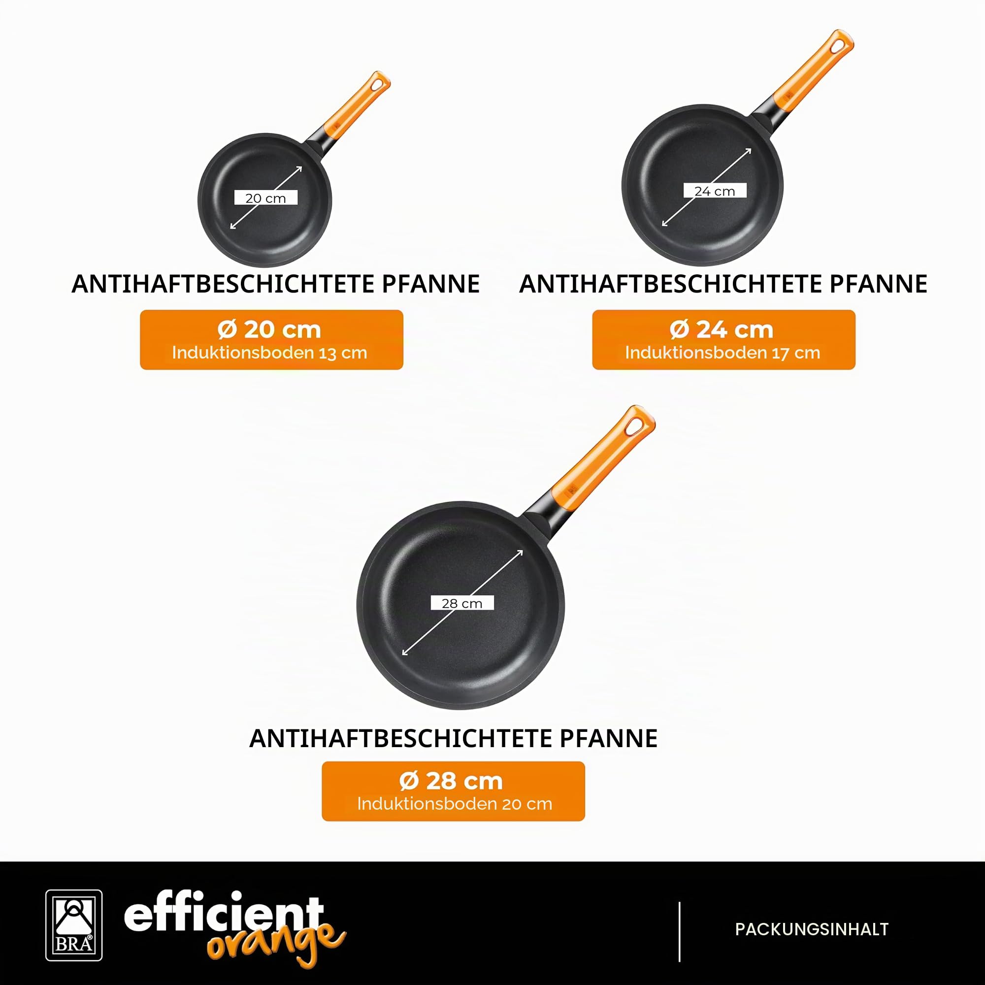 BRA Efficient Orange | Set mit 3 Bratpfannen 20-24-28 cm, Aluminiumguss | PFOA-freier dreilagiger Antihaftbeschichtung, Orange, Antihaftbeschichtung, PFOA-frei