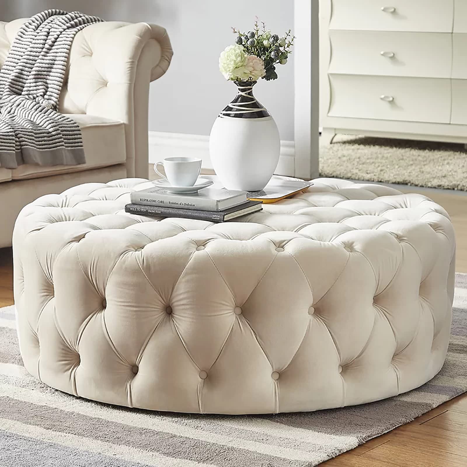 Pouf Rotondo In Velluto Homebeez Con Contenitore - 51,5 Cm, Poggiapiedi E Tavolino Con Coperchio In Legno, Grigio Chiaro