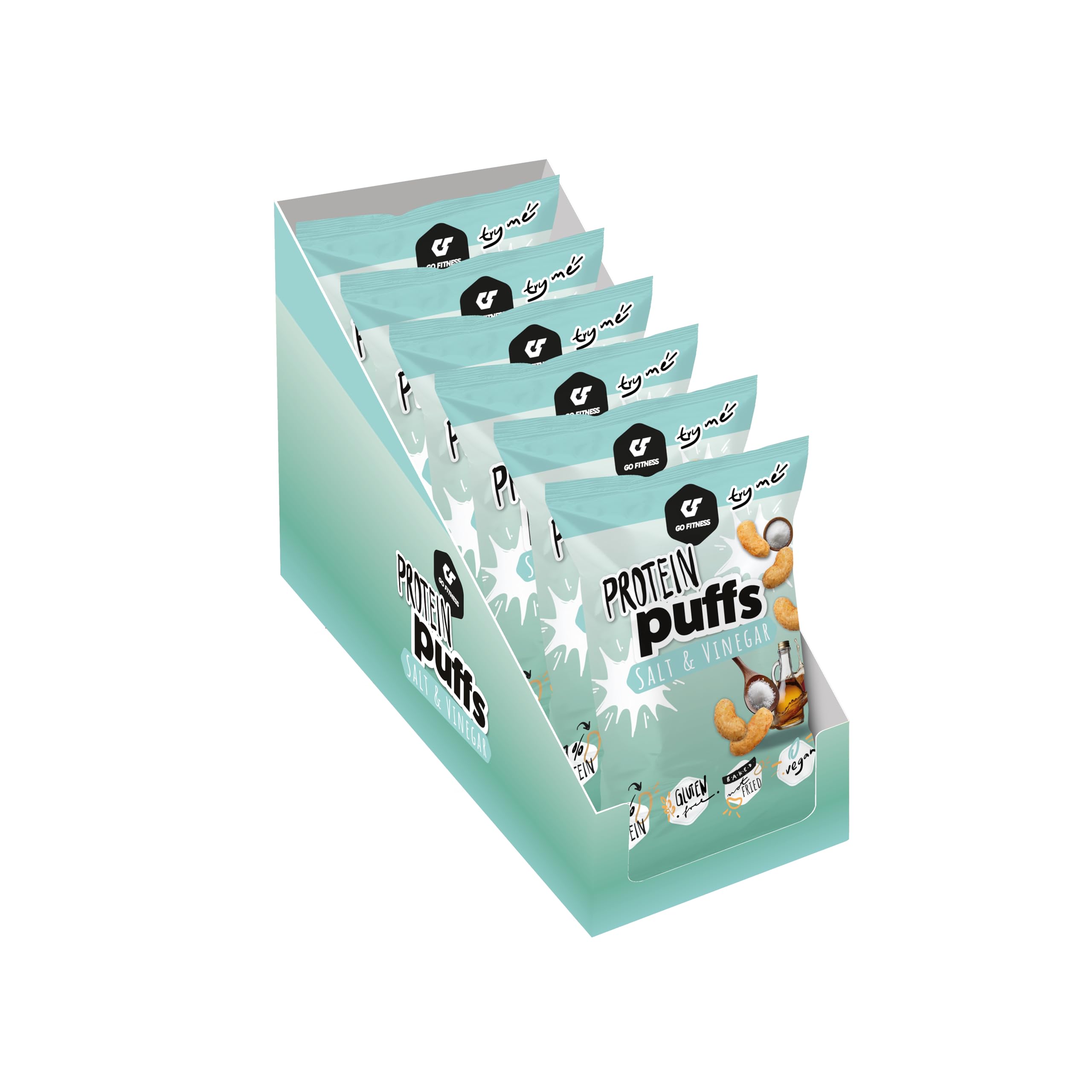 Go Fitness Nutrition – Protein Puffs – Salt & Vinegar – 6-Pack – Proteinreicher Snack, Wenig Zucker, Knusprig und Würzig
