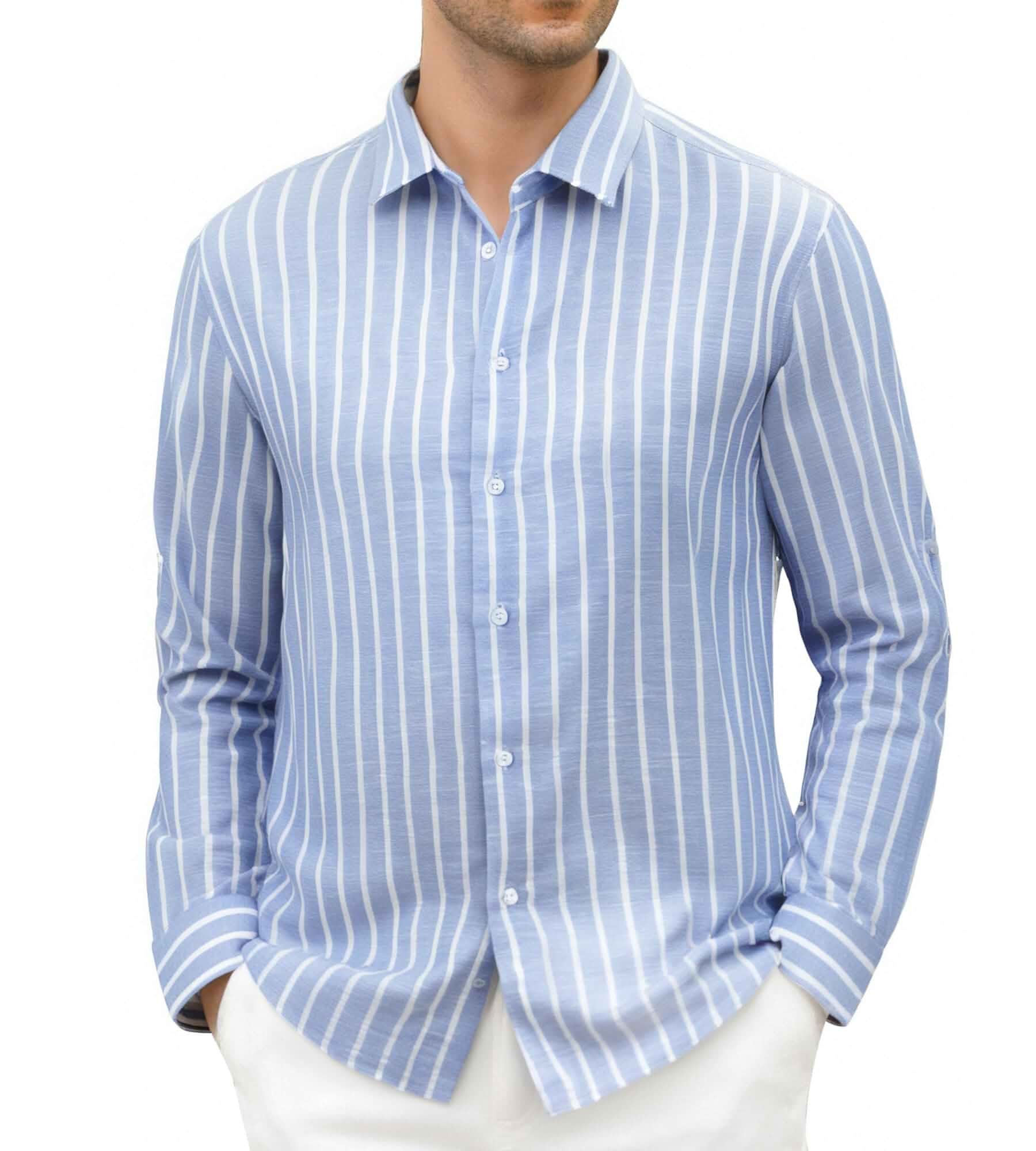 Damipow Mens Linen Shirts Short Sleeve Cotton Striped Button Down Shirt Cotton Linen Blend, Classic Stripes, Business Casual Wear, Easy Care, Beach Vacation & Cruise, Button-Up Shirt