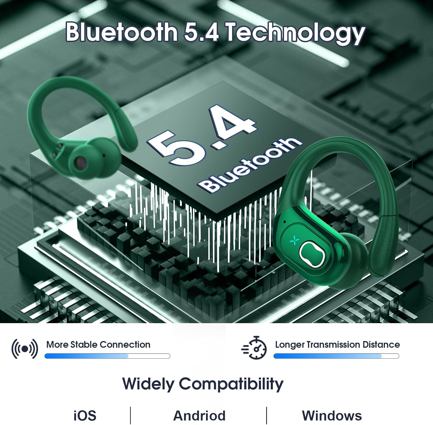 Wireless Earbuds 75hrs Bluetooth 5.4 Headphone Sport, 2026 Bluetooth Earbuds Stereo Deep Bass Over Ear Bud with Earhooks, ENC Noise Cancelling Mic, IPX7 Waterproof Earphone for Gym/Workout, Dark Green - Image 4