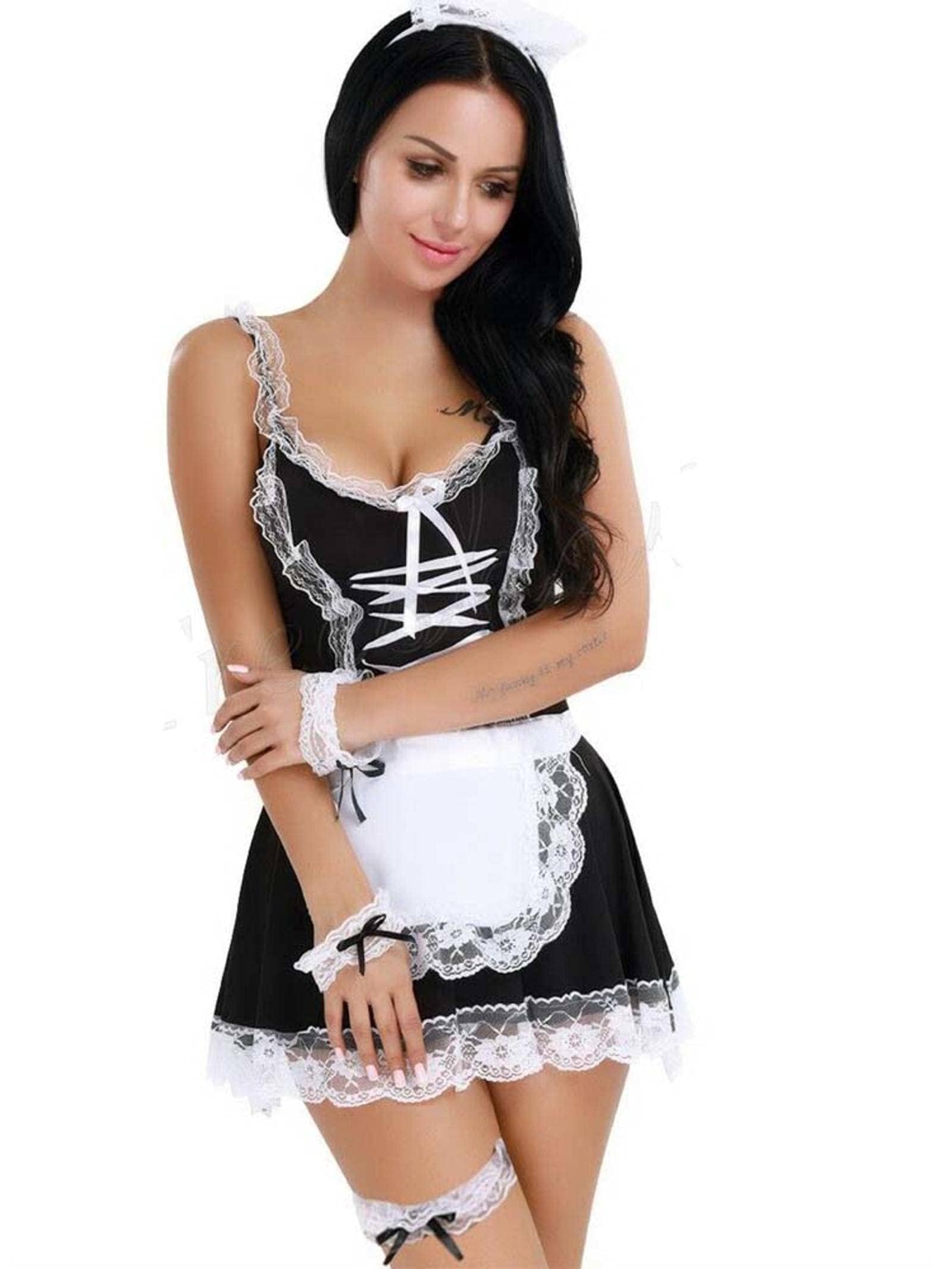 NC Queen Size X X X L Women Freh Maid Dress Uniform Costume Set Halloween Apron Sexy Fantasy Lingerie Outfits