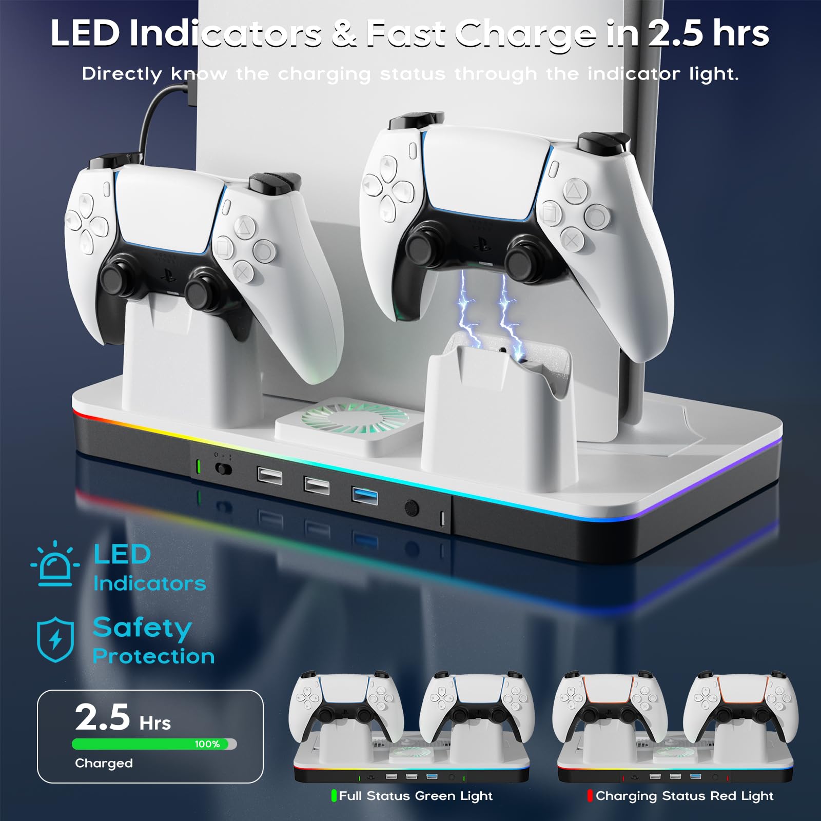 Supporto per PS5/Slim/Pro con Ventola di Raffreddamento, Ricarica Controller PS5, Base PS5 Supporto Verticale con Hub USB 3.0 per Playstation 5 Console Edizione Disco/Digital