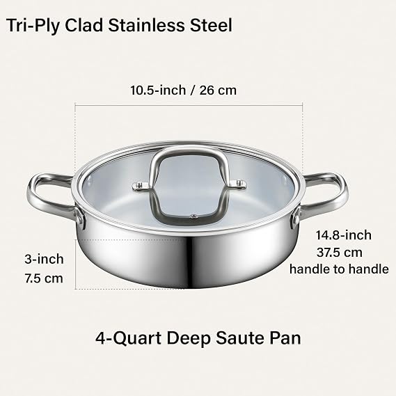 Cook N Home Classic 4 Quart Tri-Ply Clad Stainless Steel Saute Pan, 10.5 Inch Deep Frying Pan with Lid, Induction Skillet Pan Everyday Pan, Dishwasher & Oven Safe