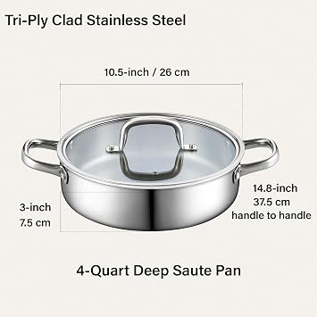 Cook N Home Classic 4 Quart Tri-Ply Clad Stainless Steel Saute Pan, 10.5 Inch Deep Frying Pan with Lid, Induction Skillet Pan Everyday Pan, Dishwasher & Oven Safe