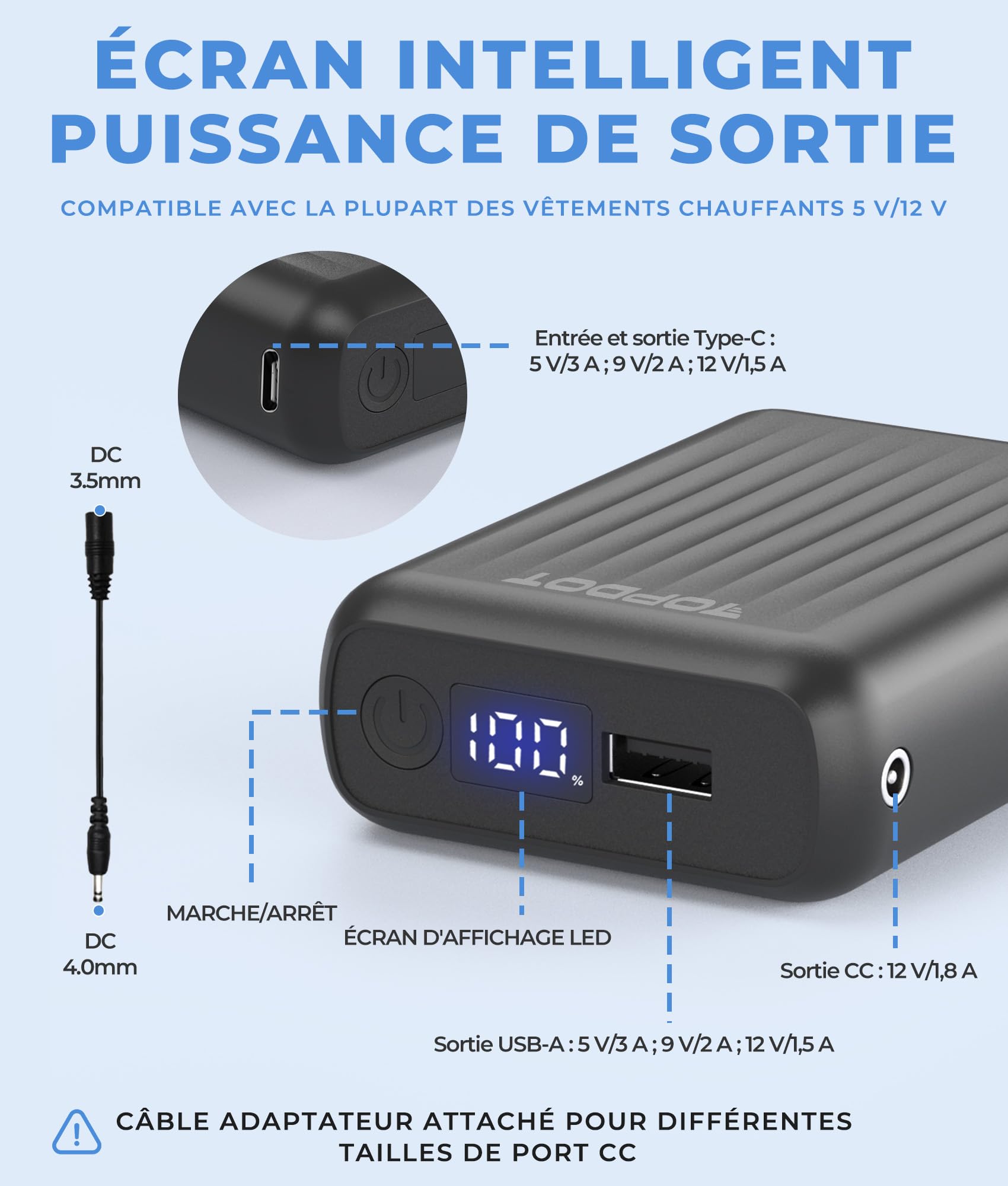 Topdot Batterie Externe 18400 mAh pour Vestes Chauffantes, 12V/7,4 V/5 V