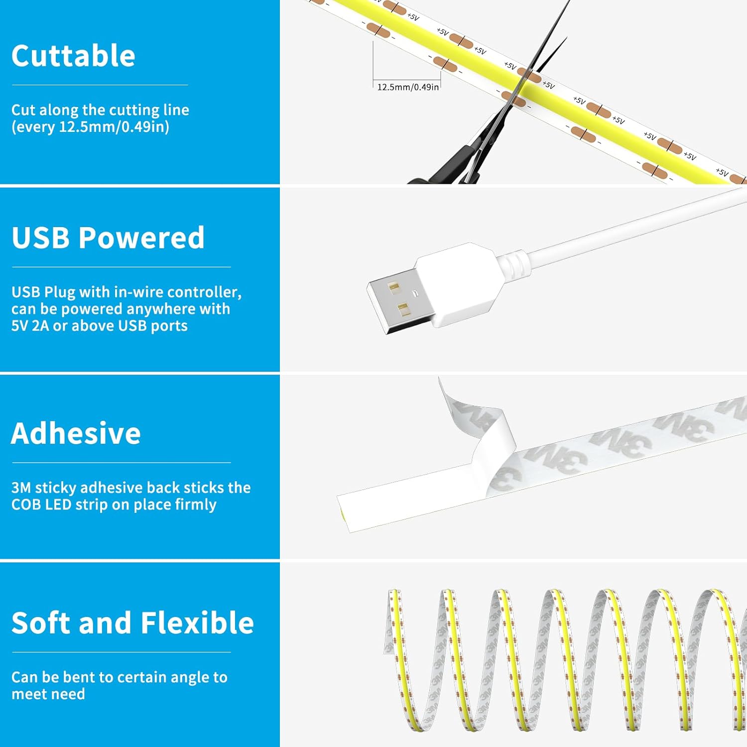 USB 5V COB LED Strip Lights 3.28ft/1M, Warm White 2700K Dimmable USB Powered Density COB Tape Flexible Cuttable LED Strip for TV Backlight, 3D Printer, RV, Sewing Machine, Bedroom, Mirror