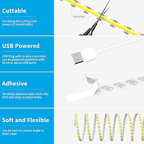 Miniatura 6 de Tira de luces LED COB USB de 5 V, 3.28 pies, color blanco natural, 4000 K, regulable, de densidad, alimentada por USB, tira LED flexible para