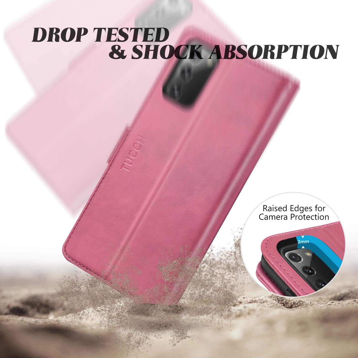 TUCCH Galaxy Note 20 Wallet Case, Wireless Charging Folio PU Leather Case, RFID Blocking Protect Card Slot TPU Shockproof Inner Case Stand Flip Cover Compatible with Galaxy Note 20 6.7-inch, Hot Pink