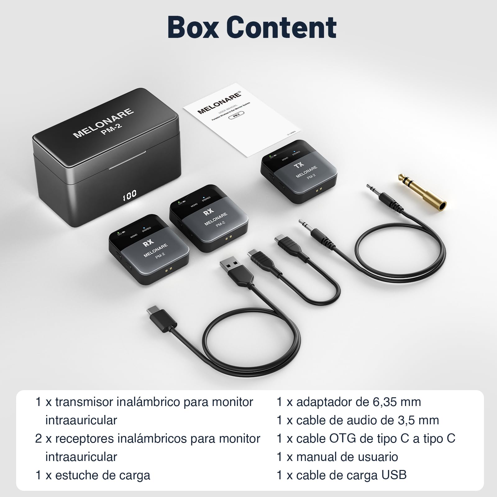 MELONARE PM-2 - Sistema de monitor inalámbrico portátil con funda de carga, transmisor y receptor de audio inalámbrico, audio de 24 bits/48 kHz, entrada OTG, interruptor overol/estéreo, IEM para