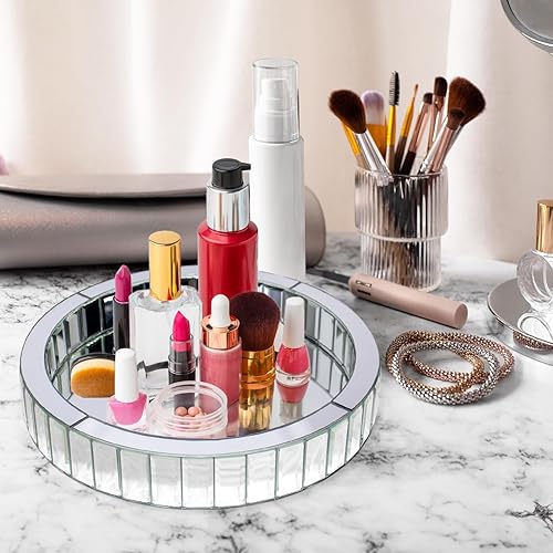 Bandeja decorativa de espejo plateado, bandeja rectangular de diamantes triturados con espejo, organizador de tocador con mano, bandeja de joyería