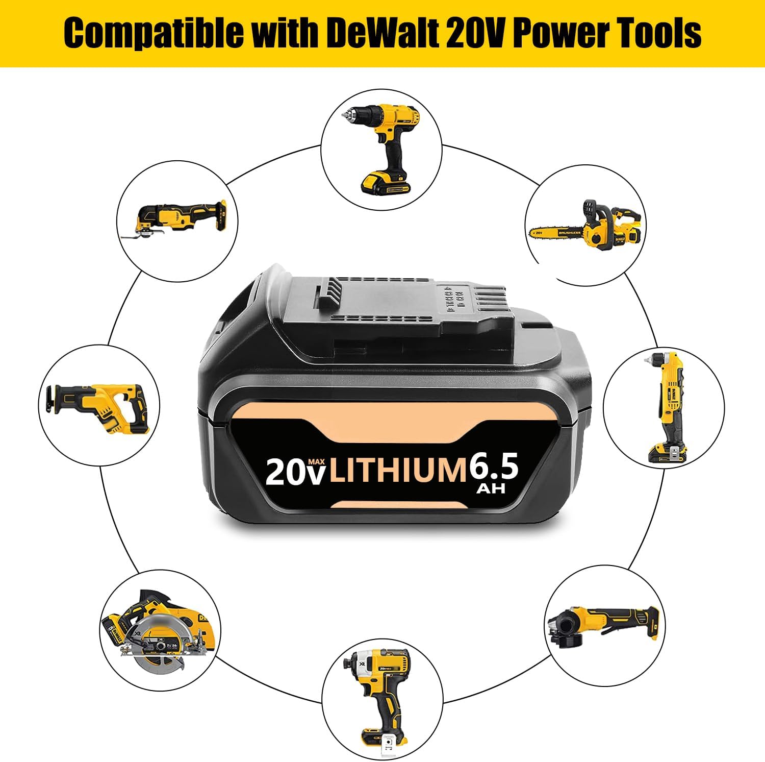 SKYON 20V 6.5Ah DCB205Y Battery Replacement for DCB206 6Ah DCB205Y 5Ah DCB204 4Ah 20V MAX* XR Lithium-ion Extended Battery Compatible with Dewalt 20V DCD/DCF/DCG Series Cordless Power Tools Battery