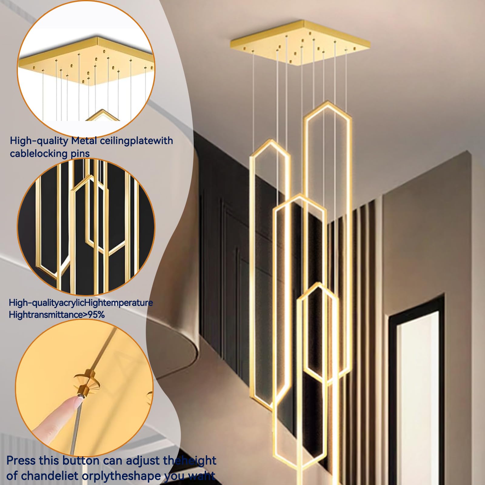 Nowoczesna lampa wisząca LED, regulowana wysokość, 4/6 pierścieni, lampa sufitowa z pilotem do schodów, holu, hotelu, 6 świateł, 60 cm