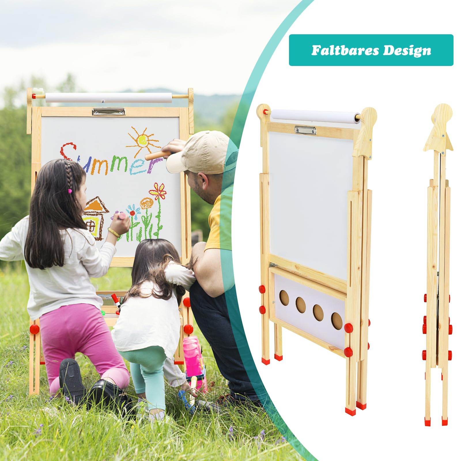 DREAMADE 3 in 1 doppelseitige Kinder Staffelei aus Holz, höhenverstellbare Kinderstaffelei Kindertafel mit Papierrolle Whiteboard und Kreidetafel, inkl. Alphabet Marker Kreide Radiergummi