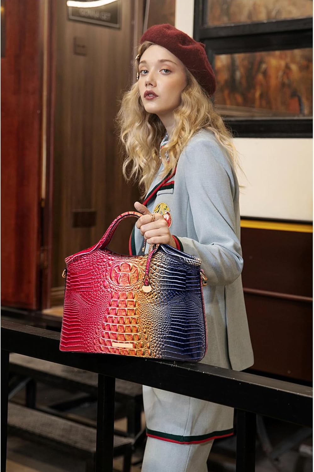 Crocodile Pattern Gradient Top Handle Satchel Large Capacity Tote Bag Casual Versatile Commuter Bag Leather | Crocodile Pattern, Gradient, Top Handle, Large Capacity, Casual, Versatile - Image 2