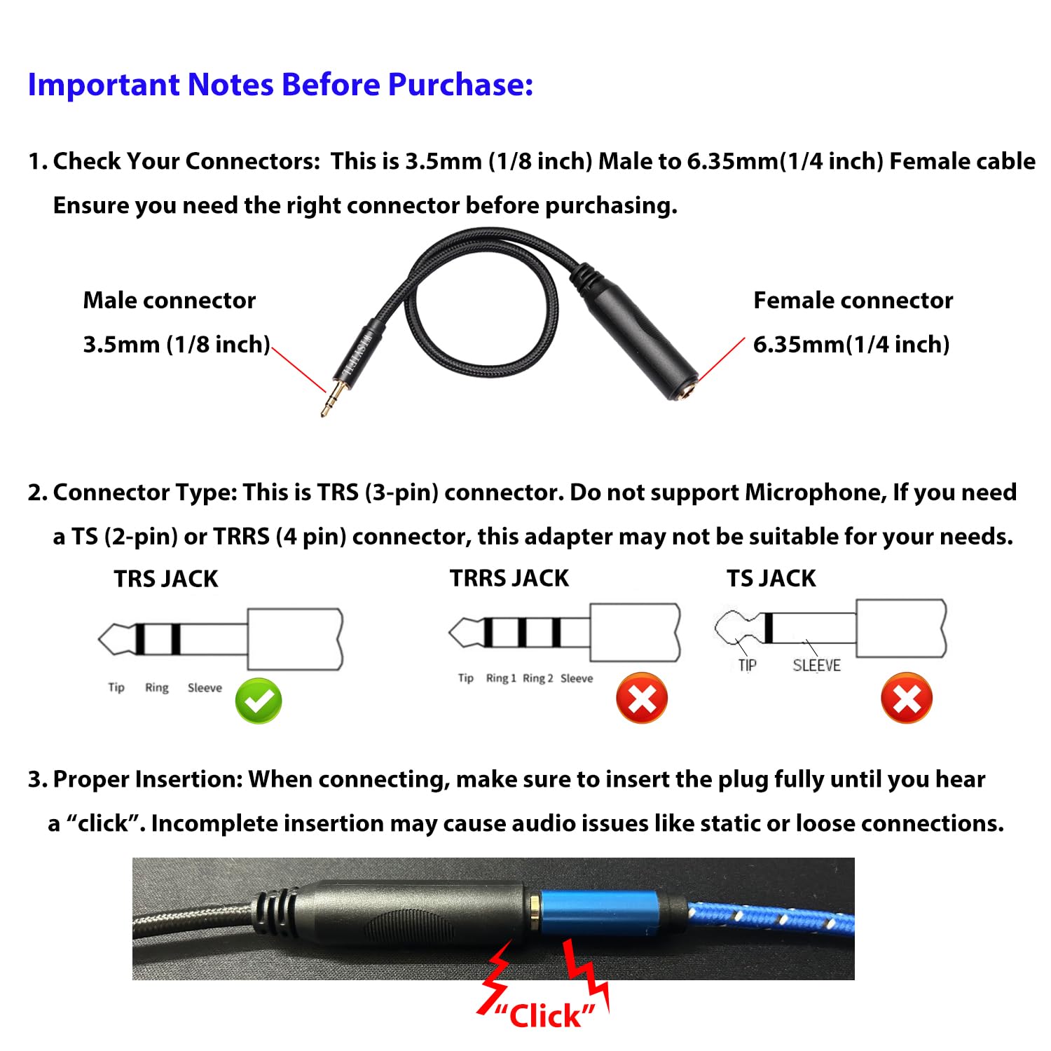 WISYIFIL Cable de 1/4 a 3,5 mm de largo, 0,3 m de largo, adaptador de 6,35 mm hembra a macho 3,5 mm, cable de audio estéreo 1/8 a 1/4, para auriculares, amplificador, guitarra, amplificador, etc.