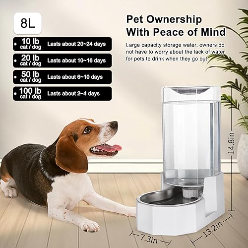 Miniatura 2 de Sfozstra Dispensador automático de agua para mascotas cuenco de agua de acero inoxidable de gravedad blanca de 8 L, con cepillo especializado,