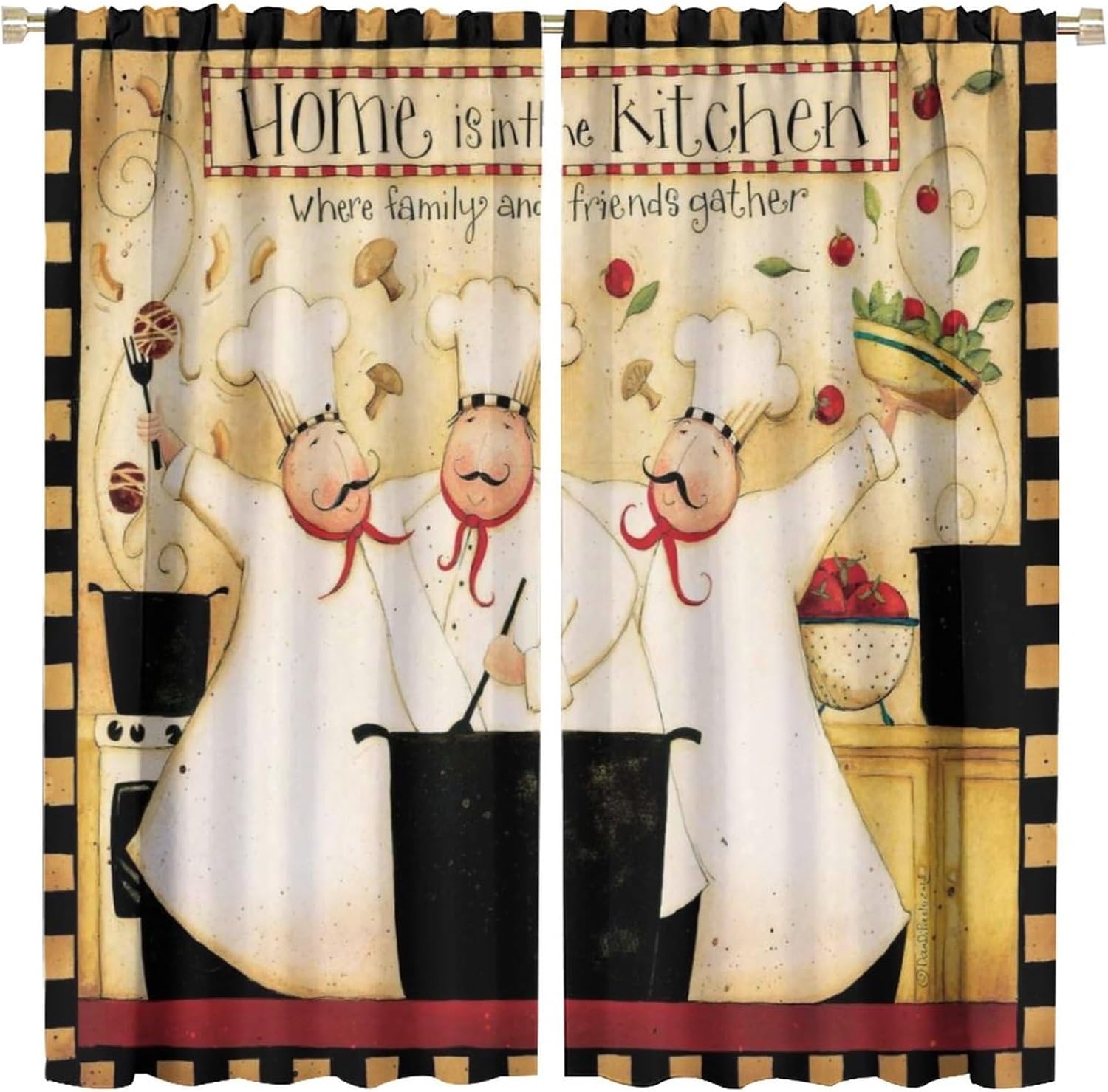 Kitchen Chef with Gourmet Curtain Bedroom Living Room, Red Check Half and Half Pattern Cartoon Chef and Gourmet Curtain, Red Theme Room Bedroom Blackout Curtain 42x45in