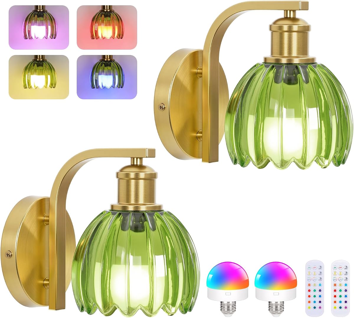 Vintage Battery Operated Wall Sconce, Wireless Wall Lights with Bulbs | 15 Colors Rechargeable Gold Wall Lamp Set of 2 with Green Tulip Glass Lampshade and Remote for Bedroom Living Room Decor