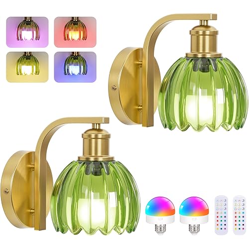 Rechargeable Battery Operated Wall Sconce Set of Two with Green Glass Lampshade, Wireless Battery Powered Wall Lamp with Remote Control, 15 Colors Gold Wall Light for Bedside Hallway Bedroom Doorway