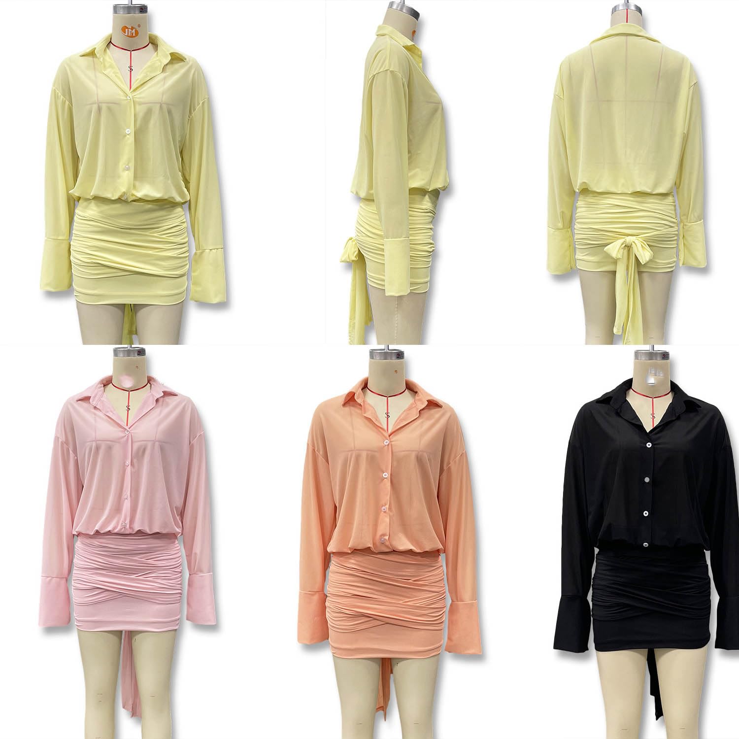Damska przezroczysta koszula mini sukienka z długim rękawem zapinana na | Spódnica mini z wysokim stanem, marszczona, wiązana w talii, slim fit, seksowne, eleganckie stroje wyjściowe na imprezę