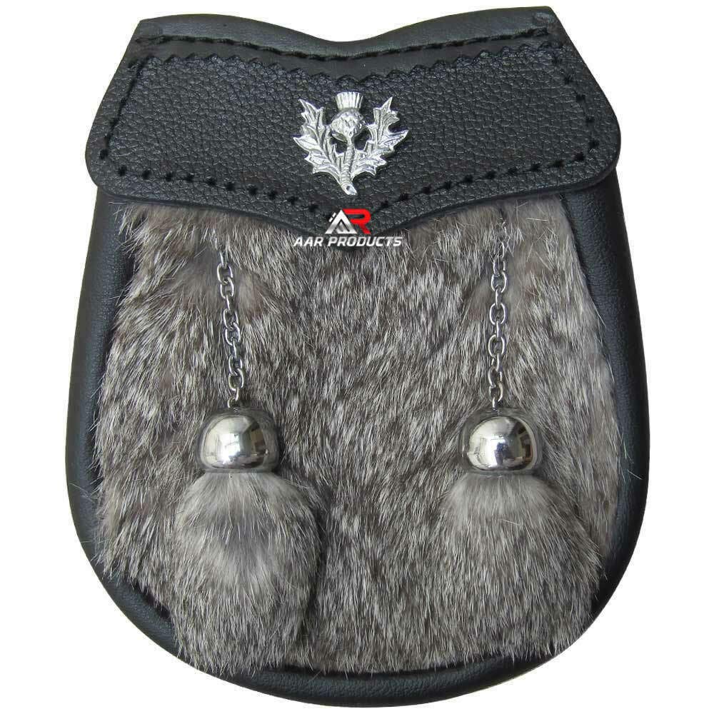 AAR Boys Sporran Brown Rabbit Fur 2 Tassels Free Leather Belt Chain Multi Design