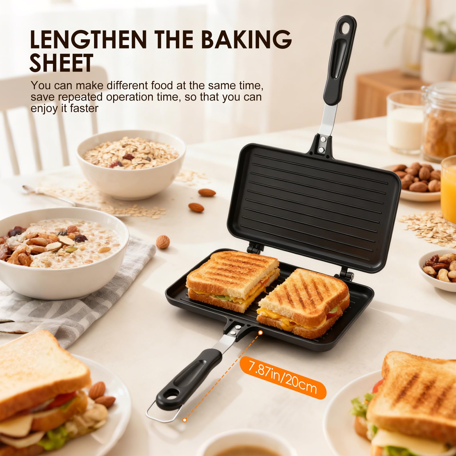 Towwoo Sándwich de doble cara, antiadherente, mango de aluminio, para tortillas y panini, 24 x 13,5 cm