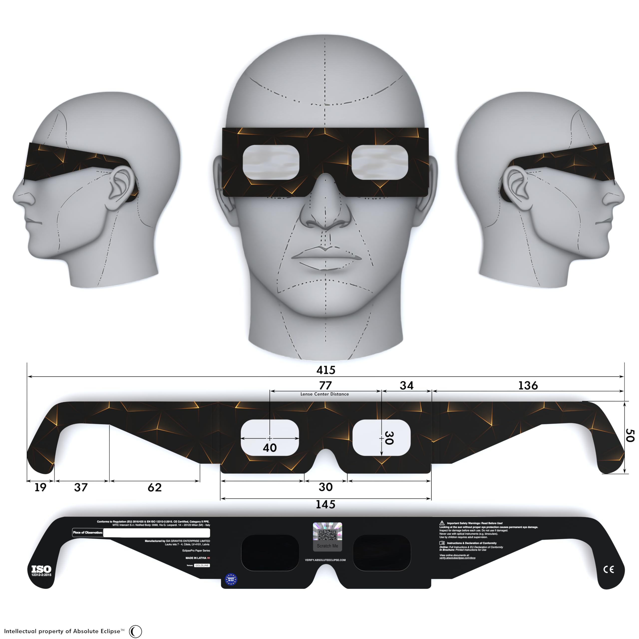 Absolute Eclipse Lunettes Eclipse Solaire 2026 pour Voir l'Éclipse - ISO 12312-2 CE Certifiées Homologuées - Lot de 100 Écoles - Design Goldline - Adultes Enfants - Fabricant Européen Reconnu AAS