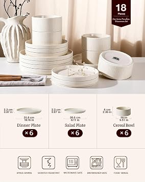 Richmount Star Dinner Sets for 6 People, 18-Piece Modern Porcelain Plates and Bowls Set with Rust-Red Trim, Chip Resistant Dinnerware, Microwave &Dishwasher Safe, Ceramic Dish Set Service for 6, Cream