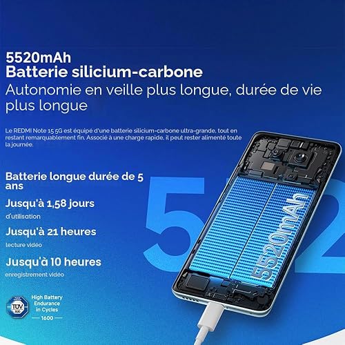 XIAOMI Smartphone REDMI Note 15 5G NFC, 8 + 256 Go, Noir, 6,77", 1080 × 2392 Pixels, Appareil Photo 108 MP, Charge Rapide 45 W, IP66, Snapdragon 6 Gen 3, sans Chargeur - 5