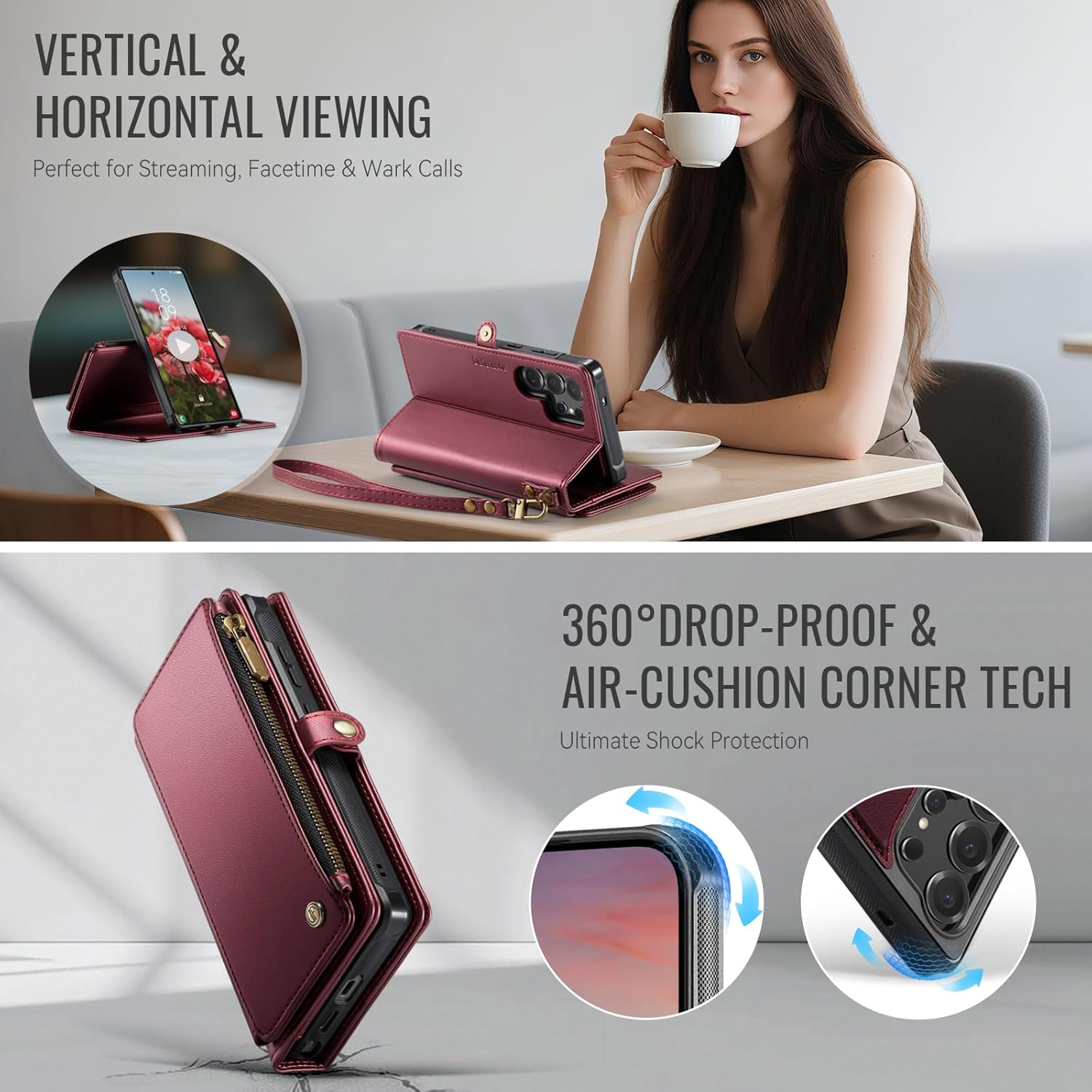 Defencase for Samsung Galaxy S24 Ultra Magnetic Wallet Case Compatible with Magsafe with RFID Blocking Zipper & Card Holder Women, PU Leather Detachable Phone Case for Galaxy S24 Ultra 6.8", Wine Red