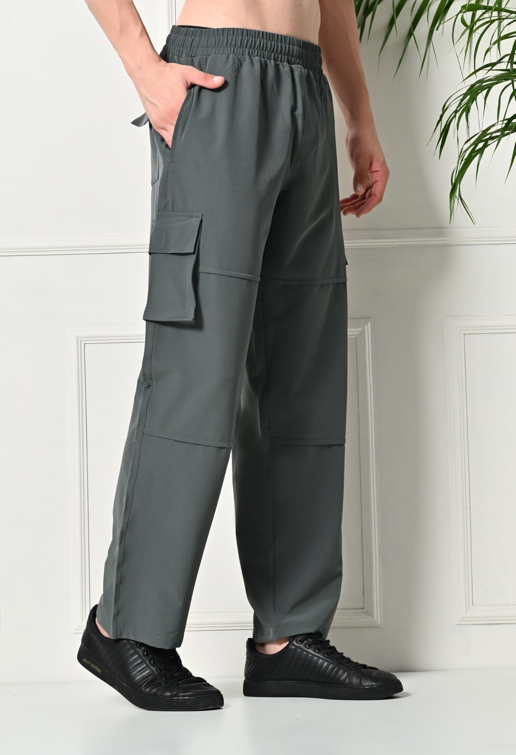FITINC Stylish NS Lycra Cargo Pants for Men & Boys | All Weather Dry-Fit Track Pants for Man with Utility & Zip Pockets | Lightweight Cargo Lower for Man for Casual Wear β Grey, Medium 4