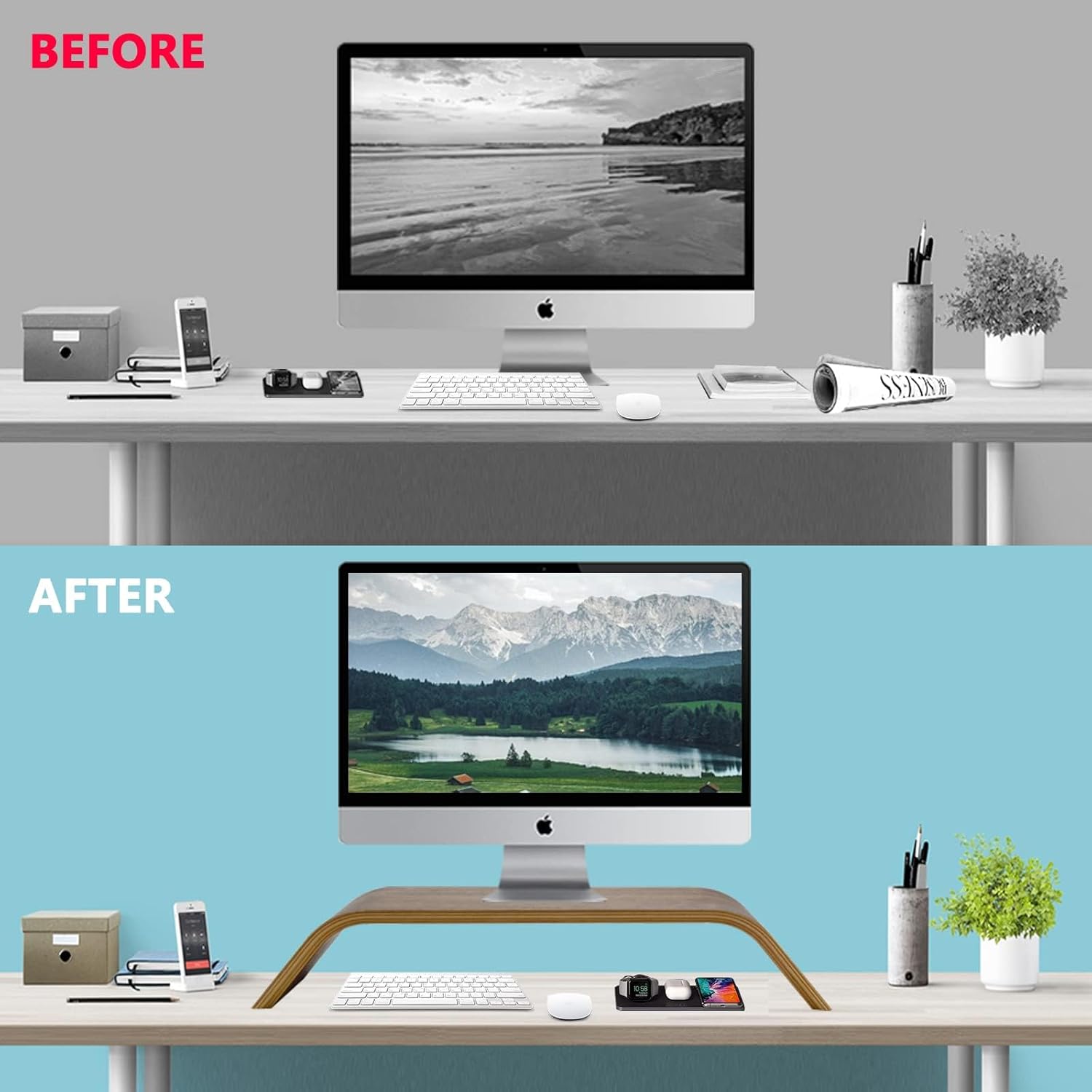 SAMDI Wooden Computer Monitor Stand Save Space Desktop Riser for Computers LCD Monitors Laptop PC iMac Notebook Apple MacBook(Black Walnut)