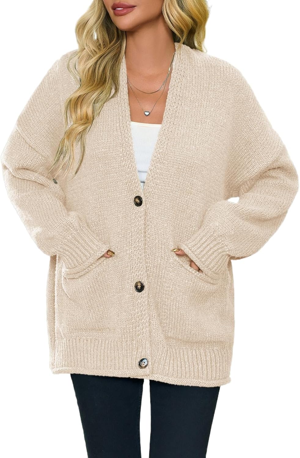 Saodimallsu Womens Chunky V Neck Cardigan Sweater Puff Sleeve Knit Cardigans Button Down Outwear with Pockets 2025