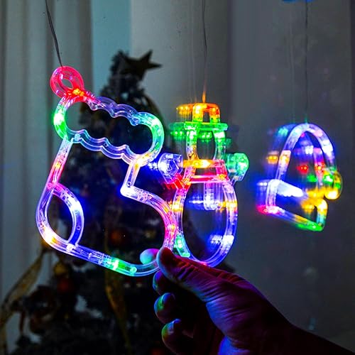 Miniatura 6 de LOLStar Luces de ventana de Navidad, paquete de 3 medias de Navidad multicolor, muñeco de nieve, luces de sombrero de Papá Noel con ventosa, función