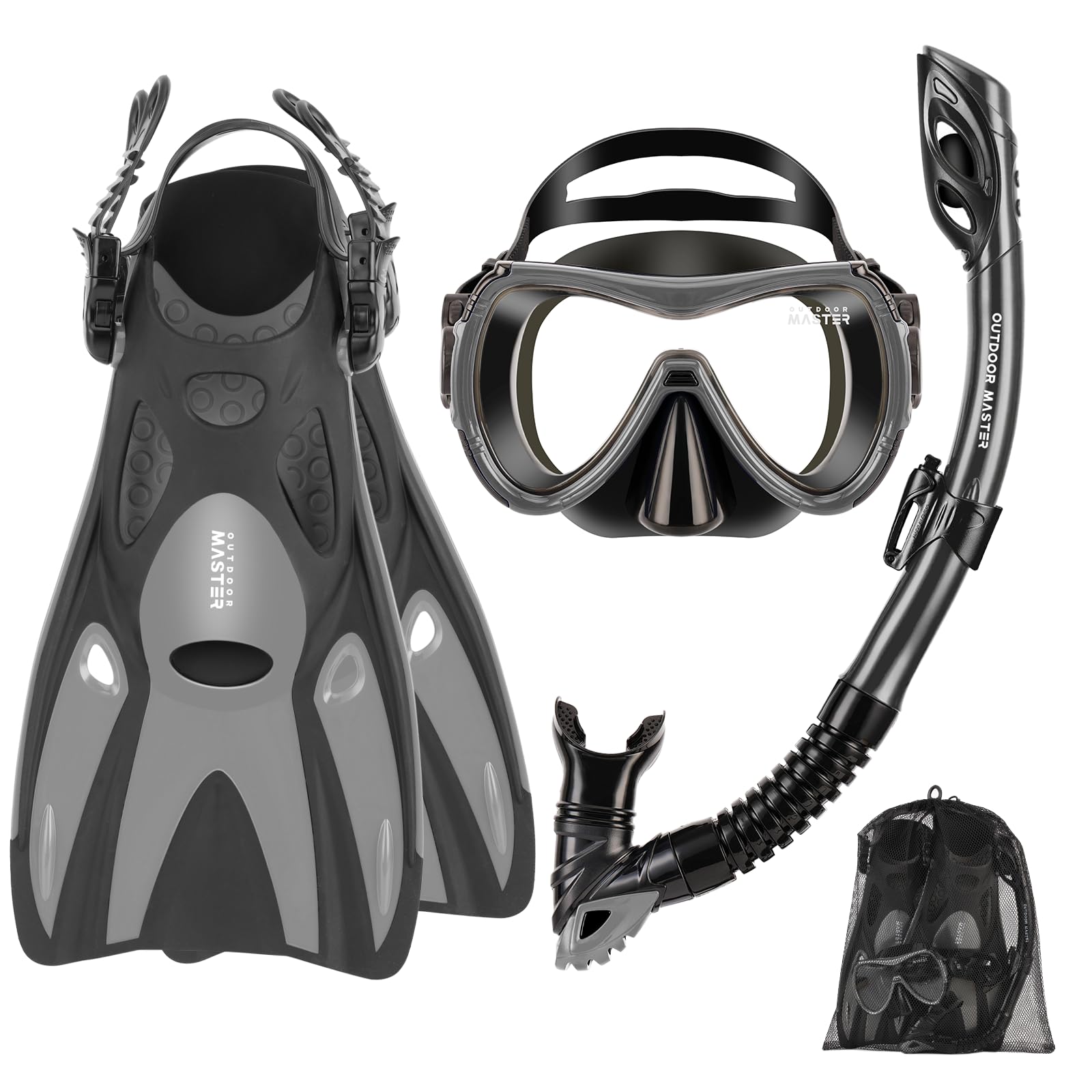 OutdoorMaster Mobula Snorkeling Gear for Adults,Mask Fins Snorkel Set with Panoramic View Anti-Fog, Dry Top Scuba Gear for Swimming Snorkeling Diving