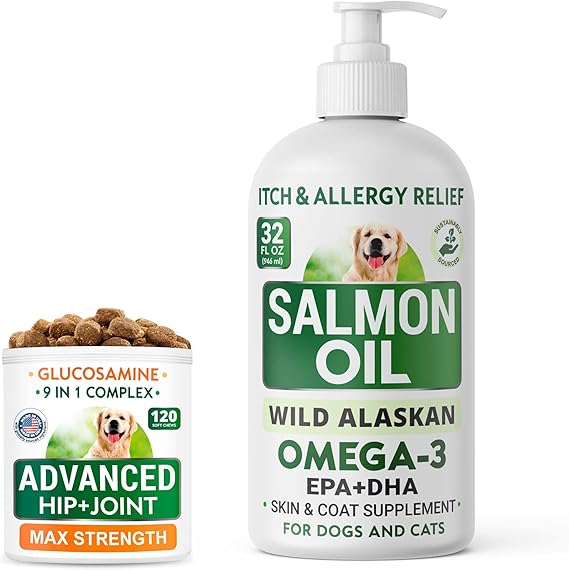 32oz Salmon Oil + 120Ct Glucosamine Treats Bundle Skin