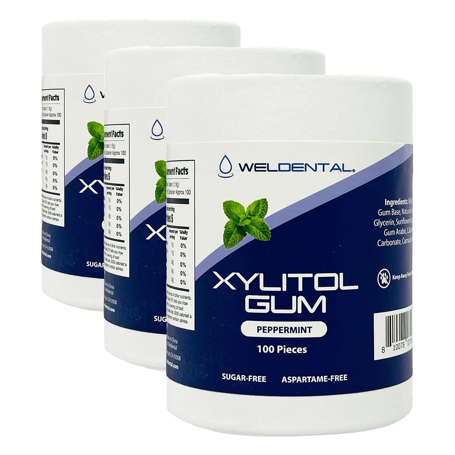 Weldental Xylitol Gum, Cardboard tube 100 Count Peppermint (Pack of 3)