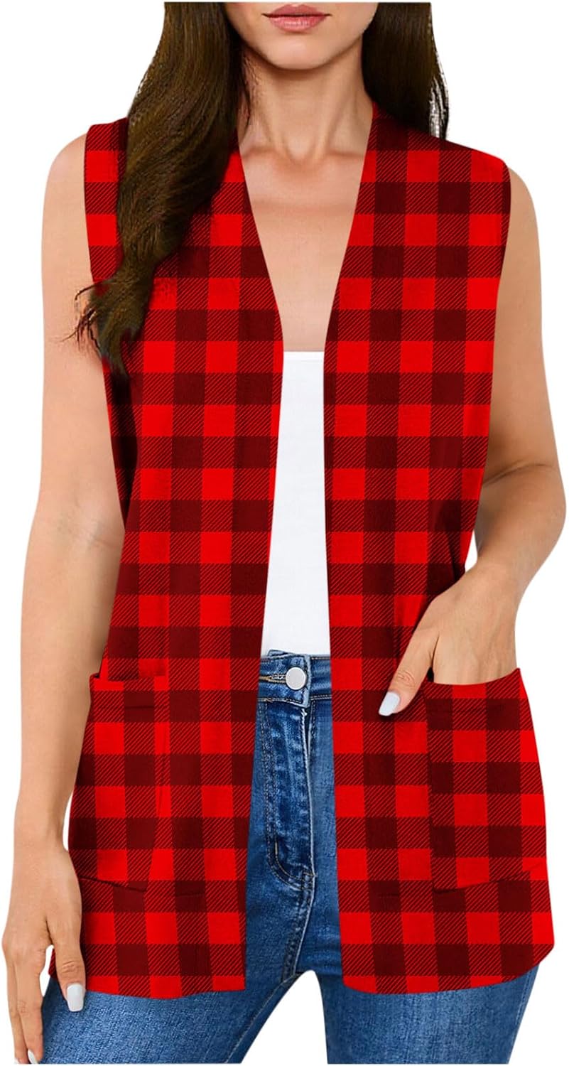 Oplxuo Women's Sleeveless Vest Cardigan Buffalo Plaid Print Open Front Side Pockets Loose Fit, Everyday Streetwear Waistcoat